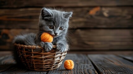 A fluffy, gray kitty plays with a bright orange ball of yarn against a dark wooden background. A basket filled with colorful knitting balls rests nearby