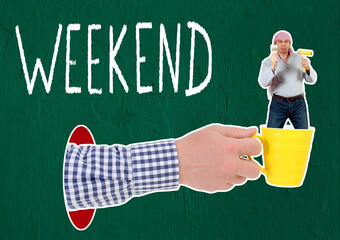 Weekend Creativity. Composite Collage. A man's hand holding a ceramic mug. In this ceramic mug stands a man holding a paint brush. Behind is a dark green wall and on it in large letters: "WEEKEND" - Powered by Adobe