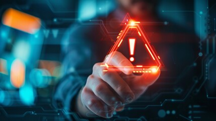 Imminent Alert: Businessman Engaging with a Virtual Warning Sign in a High-Tech Environment