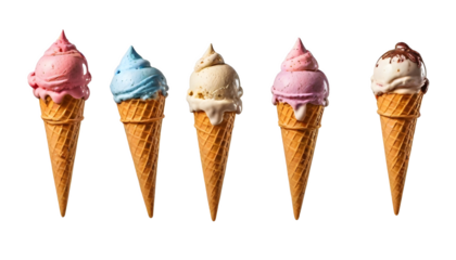 Ice cream scoop on waffle cone on transparent background cutout, PNG file. Many assorted different flavour Mockup template for artwork design.