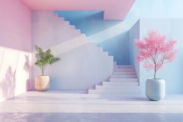 a modern, minimalist room with pastel colors, geometric shapes, stairs, and two vases with plants