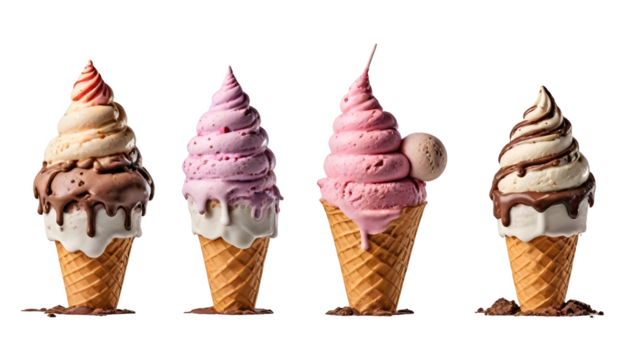 Ice cream scoop on waffle cone on transparent background cutout, PNG file. Many assorted different flavour Mockup template for artwork design.