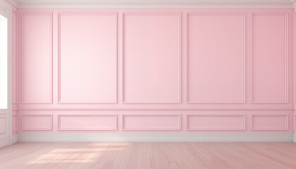 Bright pink empty room with classic wall panels and wooden floor