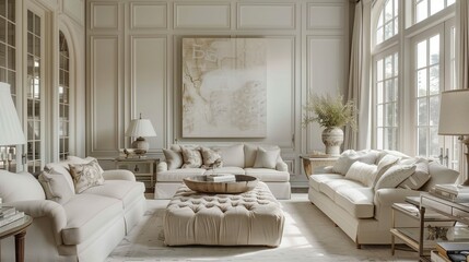 Use neutral color palettes like white, beige, or light gray for walls and furniture. - obrazy, fototapety, plakaty