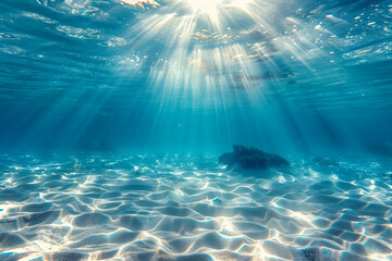 Underwater view of sandy beach with sunbeams shining through water surface
