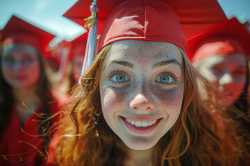 A vivacious redhead graduate beams with excitement, her eyes reflecting the bright aspirations of her academic accomplishments