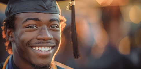 A proud African graduate's beaming smile reflects the joy and satisfaction of achieving an important academic milestone