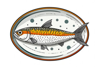 Freshly cooked fish served on a white plate with decorative dots, isolated on white background