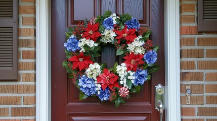 Patriotic Front Door Wreath with Red, White, and Blue Flowers