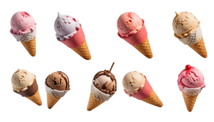 Ice cream scoop on waffle cone on transparent background cutout, PNG file. Many assorted different flavour Mockup template for artwork design.