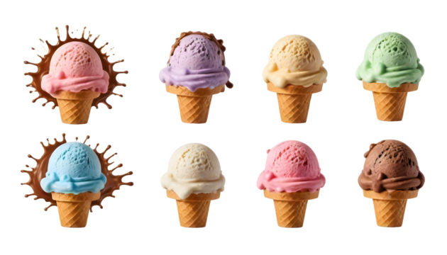 Ice cream scoop on waffle cone on transparent background cutout, PNG file. Many assorted different flavour Mockup template for artwork design.