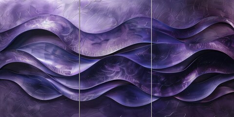 Triptych art featuring luxurious 3D purple waves with glittering enhancements for opulent decor