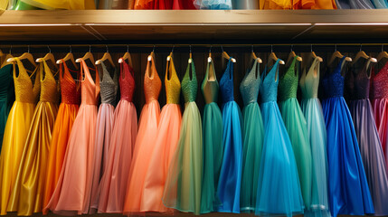 Colorful dresses on racks in a fashion boutique.