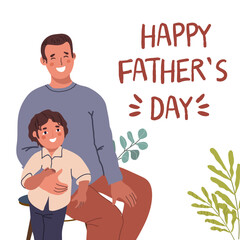Happy father and child having fun, posing for photos, waving, greeting. Flat illustration hand drawing on white background. Happy father's day postcard.