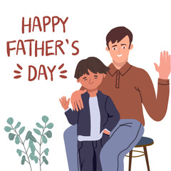 Happy father and child having fun, posing for photos, waving, greeting. Flat illustration hand drawing on white background. Happy father's day postcard.