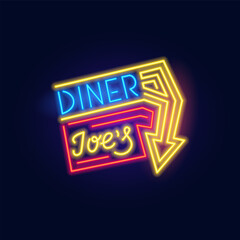 Fashion Diner and an arrow neon sign. Night bright signboard, Glowing light. Summer logo, emblem for Club or bar concept