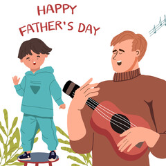 Happy Father's Day. Dad playing guitar and sing with son. Father and his little kid having good time together. Vector illustration in a flat style