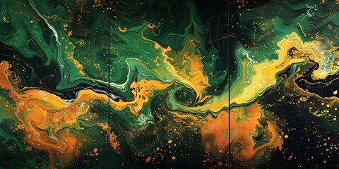 Triptych artwork featuring green yellow and black in an abstract design for creative spaces
