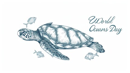 A detailed sketch of a sea turtle surrounded by small fish, in celebration of World Oceans Day.