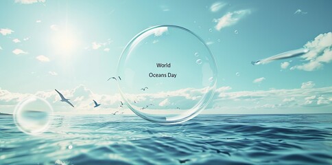 A creative image showing a bubble with 'World Oceans Day' floating over the calm sea, under a clear sky