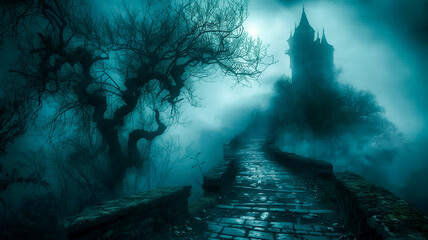 Fantasy horror walkway to haunted old castle with creepy tree illustration background ..