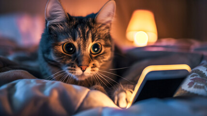 Cat using mobile phone for checking social media at night before sleeping , screen time before sleeping concept