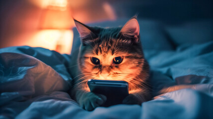 Cat using mobile phone for checking social media at night before sleeping , screen time before sleeping concept