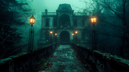 Fantasy horror walkway to haunted hotel illustration background ..