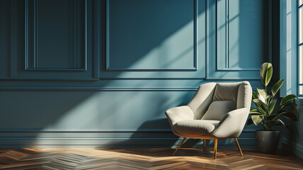 Armchair in modern interior with wooden floor walls.