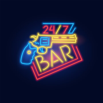 Fashion inscription 24 hours and gun neon sign. Night bright signboard, Glowing light. Summer logo, emblem for Club or bar concept