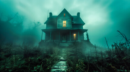 Fantasy horror walkway to haunted house with creepy tree illustration background ..