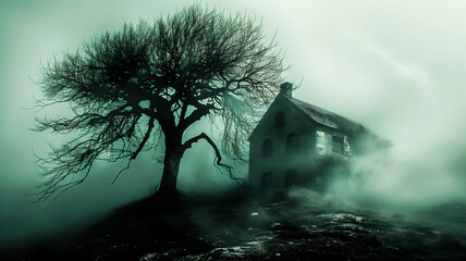 Naklejka premium Fantasy horror walkway to haunted house with creepy tree illustration background ..