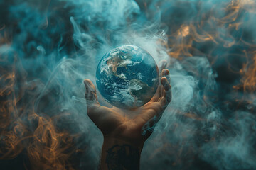 The globe shrouded in smoke, clouds in human palms on a dark background. Generated by artificial intelligence