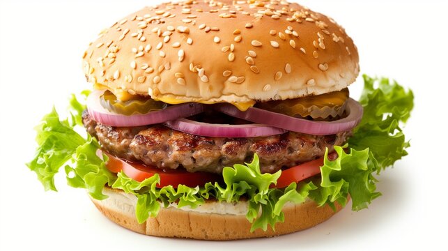 A close-up image of a freshly assembled hamburger with sesame bun, condiments, and vegetables.
