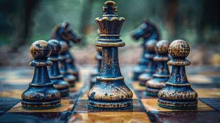A chess board with a black king and two white pieces