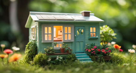Tiny eco friendly miniature country house with green grass on natural green background. Cozy cottage home, 3d