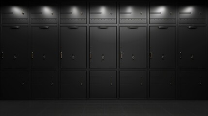 A dark, modern locker room with rows of closed black lockers under soft overhead lighting.