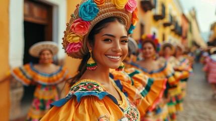 Fototapeta premium A beautiful woman in community events and cultural Mexican heritage during Cinco de Mayo. Generative AI