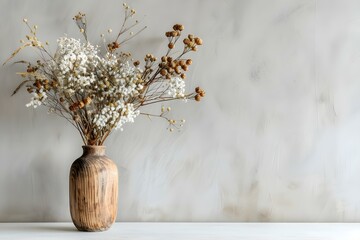 Fototapeta premium Dried flower bouquet displayed in a wooden vase against a blank wall in a home interior. Concept Home Decor, Dried Flowers, Wooden Vase, Blank Wall, Interior Design