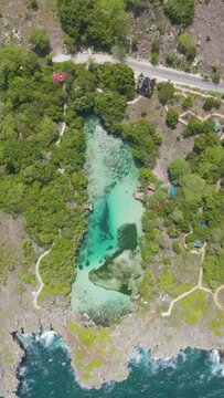 Weekuri Lagoon, Sumba island, Indonesia. A beautiful blue lake with a green forest in the background. The water is calm and clear, and the trees are lush and green