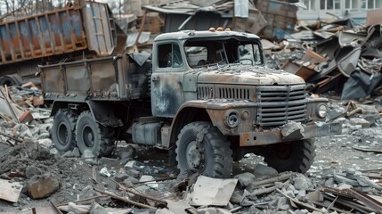A rugged old truck in a debris-filled landscape, symbolizing abandonment and destruction.