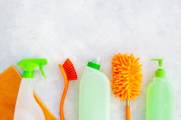 Cleaning set for different surfaces in bathroom or kitchen. House cleaning concept - 796565131