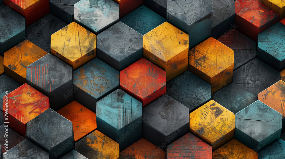 Fototapete Abstract blue background with a seamless pattern of 3D cubes,Colorful Geometric Triangle Mosaic Texture Art