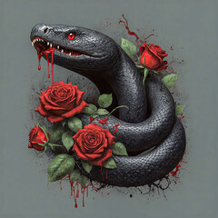 Black snake illustration with blood dripping from mouth and surrounded by red roses on grey background