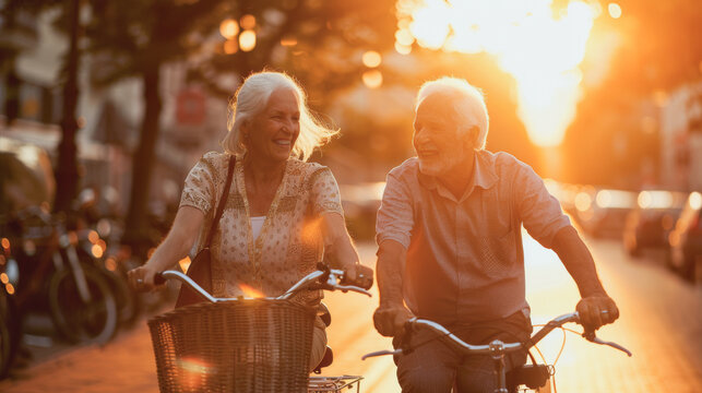 Happy senior couple riding bicycle on the city road during sunset time - Active and healthy elderly people - Models by AI generative