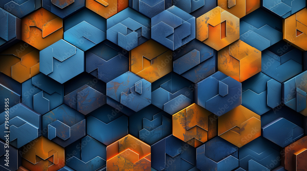 Fototapete abstract blue background with a seamless pattern of 3d cubes,colorful geometric triangle mosaic text