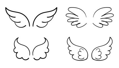Collection of Wings. Angel wings doodle hand drawn sketch icons. Bird symbols. Wing sketch tattoo, feather falcon contour. Set of Vector  illustration isolated on white background 