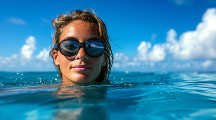 Fototapeta premium Young woman with stylish sunglasses floating in clear blue sea.