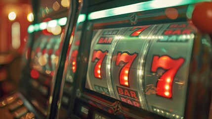 Close-up view of a slot machine display showing lucky number 777 in a vibrant casino setting. - obrazy, fototapety, plakaty