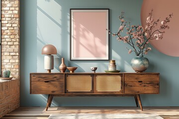 Photo d'int&eacute;rieur, style boh&egrave;me, buffet, cadre photo contemporain accroch&eacute; au mur. Interior photo, bohemian style, sideboard, comntemporary picture frame hanging on the wall.